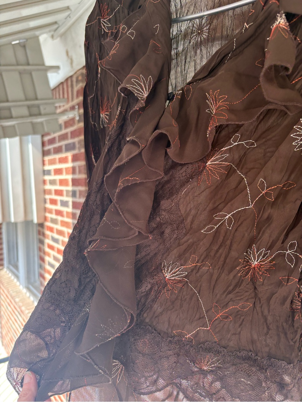 New York & Company Brown Ruffle Sheer Floral Blouse - Picture 2 of 6